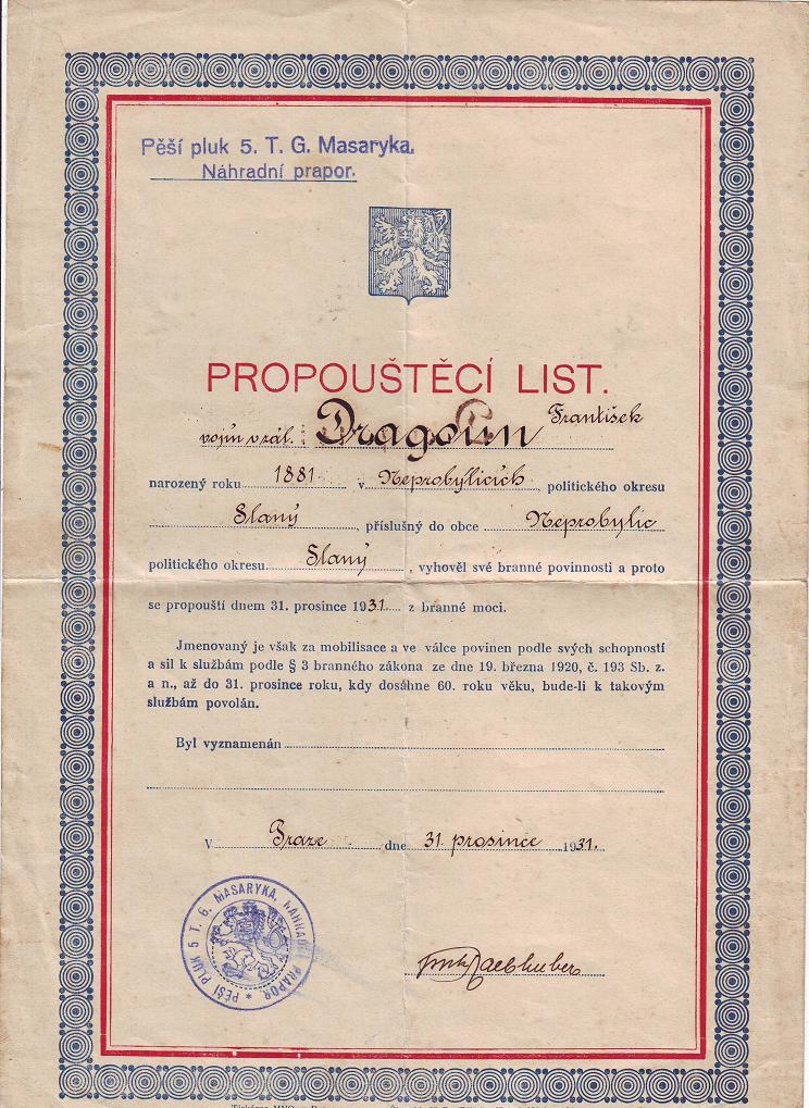 propouštěcí list  František Dragoun